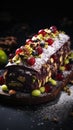 A traditional Christmas cake with dark chocolate, pistachios and berries.