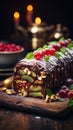 A traditional Christmas cake with dark chocolate, pistachios and berries.