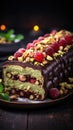 A traditional Christmas cake with dark chocolate, pistachios and berries.