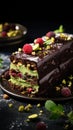 A traditional Christmas cake with dark chocolate, pistachios and berries.