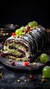 A traditional Christmas cake with dark chocolate, pistachios and berries.