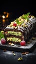 A traditional Christmas cake with dark chocolate, pistachios and berries.