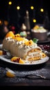 A traditional Christmas cake with orange colored fruits and white cream