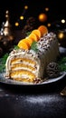 A traditional Christmas cake with orange colored fruits and white cream