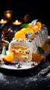 A traditional Christmas cake with orange colored fruits and white cream