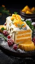 A traditional Christmas cake with orange colored fruits and white cream