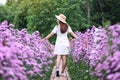 A beautiful young asian woman in Margaret flower field Royalty Free Stock Photo