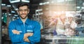 Portrait image engineer men wearing uniform safety in factory with double exposure team worker background