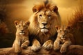 Portrait image of the Lions family. Lionesses and two little lion cubs look at the camera