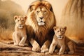 Portrait image of the Lions family. Lionesses and two little lion cubs look at the camera
