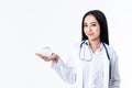 Portrait images of Asian attractive doctor woman holding globe model into her hand Royalty Free Stock Photo