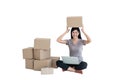 Portrait images of Asian pretty woman and A lot of parcels On white isolated background