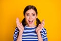 Portrait of impressed positive cheerful girl hear wonderful bargain novelty scream wow omg wear good look clothes Royalty Free Stock Photo