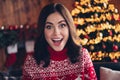 Portrait of impressed positive lady open mouth cant belie unexpected festive season december indoors Royalty Free Stock Photo