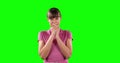 Front view of an incomprehensible Caucasian woman with green screen