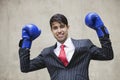 Portrait of an Indian businessman celebrating victory while wearing blue boxing gloves against gray background