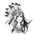 Portrait of an indian chief girl with feathers sketch, hand drawn in doodle style