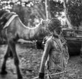 Old man from Rajasthan tribe with turban. walking down Pushkar festival. Portrait