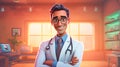 Portrait of Indian young doctor in his office. Cartoon illustration