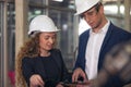 A portrait of an industrial man and woman engineer with tablet in a factory, working