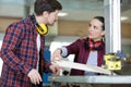 portrait industrial technicians in wood factory