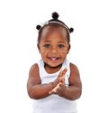 Portrait, infant and baby with a smile, applause and happiness isolated against a white studio background. Face, female