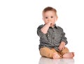 Portrait of infant child baby boy toddler with dark blue eyes. Royalty Free Stock Photo