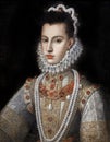 Portrait of Infanta Catherine Michelle of Spain, Duchess of Savoy, wife of Charles Emmanuel I, paintied by Jan Kraeck 1585