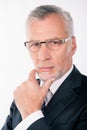 Portrait of intelligent businessman with gray beard pondering and putting his hand on chin