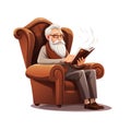 Portrait of intelligent old man with long gray beard holding an old big book. Old age wisdom illustration.