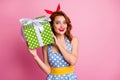 Portrait of interested lady hold big green gift box she get 8-march anniversary shake impressed wear bright hairstyle Royalty Free Stock Photo