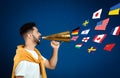 Portrait of interpreter with megaphone and flags of different countries on blue background