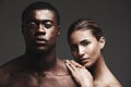 Portrait, interracial couple or glow in beauty, skincare or dermatology as health and wellness. Black man, woman or love