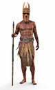 Portrait of an intimidating bare footed strong African tribal hunter with spear and wooden mask on an isolated white background Royalty Free Stock Photo