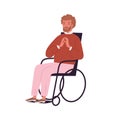 Portrait of invalid, disabled young man sitting in wheelchair. Handicapped character with limited mobility. Successful