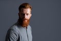 Portrait of Irish guy looking aside. Serious guy with red beard. Bearded guy with unshaven face Royalty Free Stock Photo