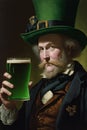 Portrait of an Irishman in green hat with glass of beer in hand. St. Patrick& x27;s Day Celebration. Generative AI