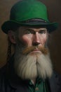 Portrait of an Irishman in green hat. St. Patrick& x27;s Day. Generative AI illustration