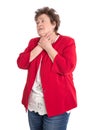 Portrait: Isolated older woman in red has sore throat.