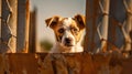 Portrait of a Jack Russell Terrier looking out of an iron fence. Homeless animals. Our little brothers.