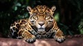 Portrait of a jaguar lying on a riverbank in the Amazon jungle