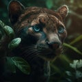 Portrait Of A Jaguarundi With Leaves Fused With The Green Leaves And Roots. Generative AI