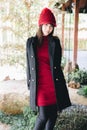 Portrait japanese fasion style wool coat fashion dress in japanese garden