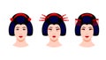 Portrait of japanese geisha women - set of japanese geisha women with different make-up, hairstyle, hairpins. Close-up female face Royalty Free Stock Photo