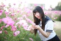 Portrait of Japanese school girl uniform with pink cosmos flower Royalty Free Stock Photo