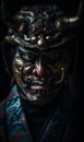 Portrait of Japanese style warrior in the fearsome mask. Beautiful illustration picture. Generative AI