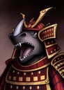 Japanese warlord in red and gold armor. A screaming rhinoceros samurai in close-up without a background, a medieval military