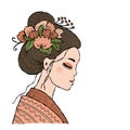 Portrait of Japanese woman with floral hairstyle. Geisha, maiko, princess. Print, poster, t-shirt, card. Vector Royalty Free Stock Photo