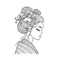 Portrait of Japanese woman with floral hairstyle. Geisha, maiko, princess. Print, poster, t-shirt, card. Vector Royalty Free Stock Photo