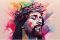 Portrait Jesus Christ crown of thorns banner original abstract art with space for copy text, easter and good friday. Generative AI